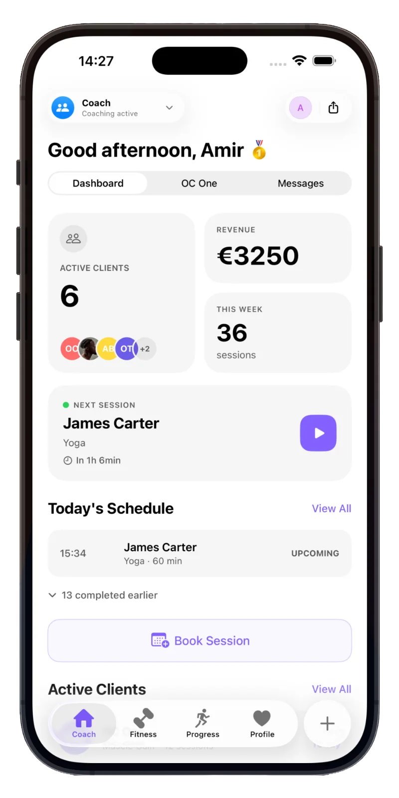 CleanReps Coach mode on a phone, showing active clients, upcoming sessions and the coaching dashboard
