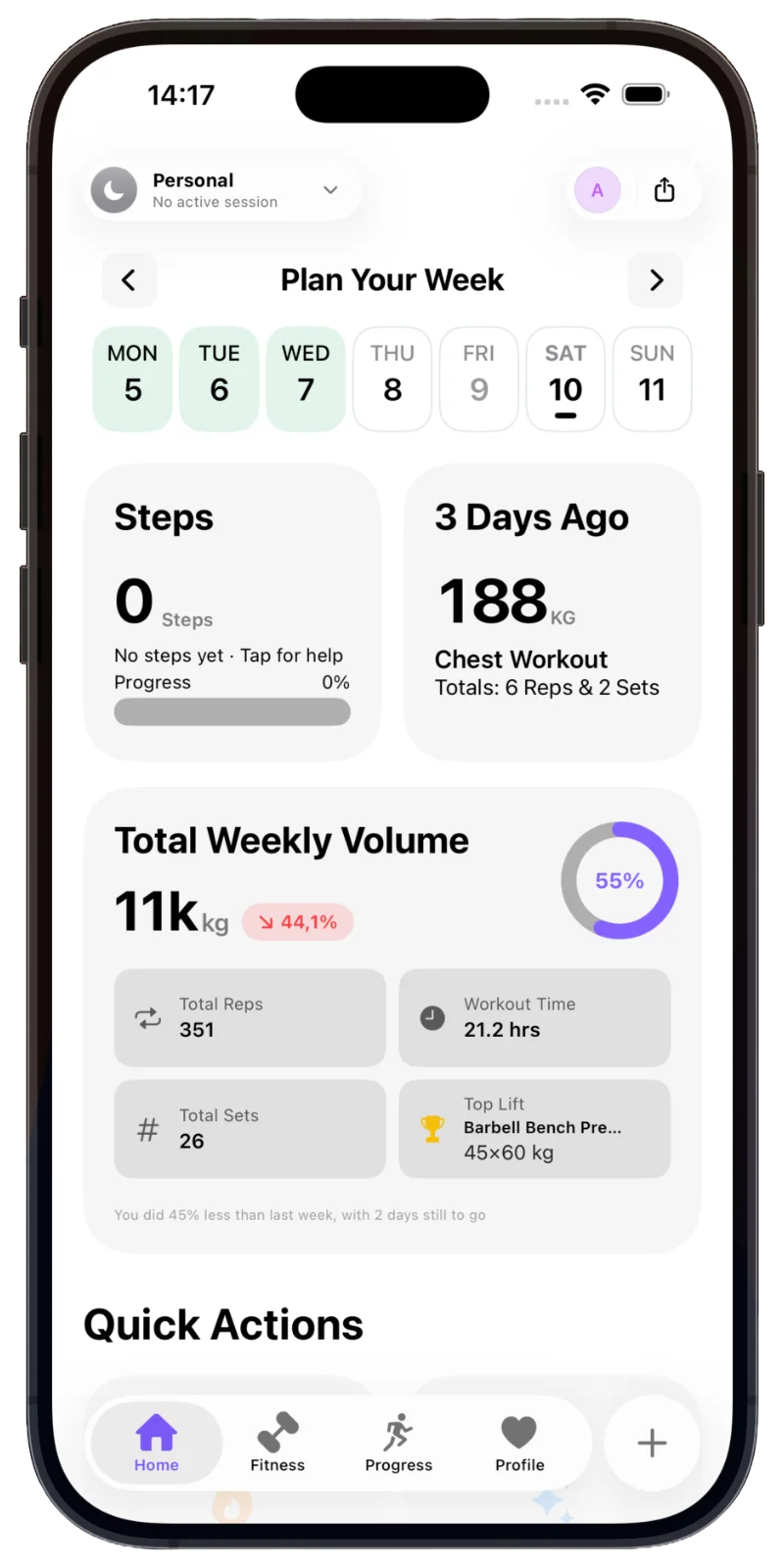 CleanReps Personal mode on a phone, showing the weekly plan, weekly volume, reps, sets and top lift